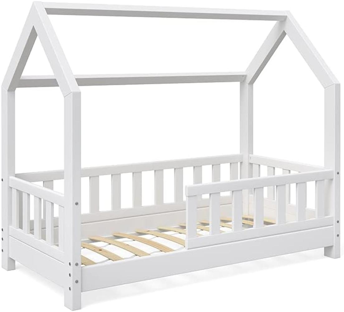 VitaliSpa Kinderbett Hausbett Wiki 70x140cm Natur Kinder Bett Holz Haus Schlafen Hausbett Spielbett Inkl. Lattenrost und Zaun Fallschutzgitter (weiß) Bild 1