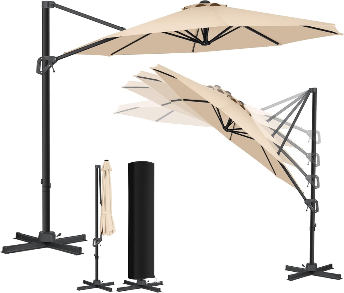 KESSER® Sonnenschirm Ampelschirm SUN Rund XL Ø330 cm Inkl. Abdeckung + Windsicherung 7-Fach Verstellbar Neigbar Kippbar Groß 360° Drehbar Gartenschirm mit Kurbel Sonnenschutz UV50+ Beige Bild 1