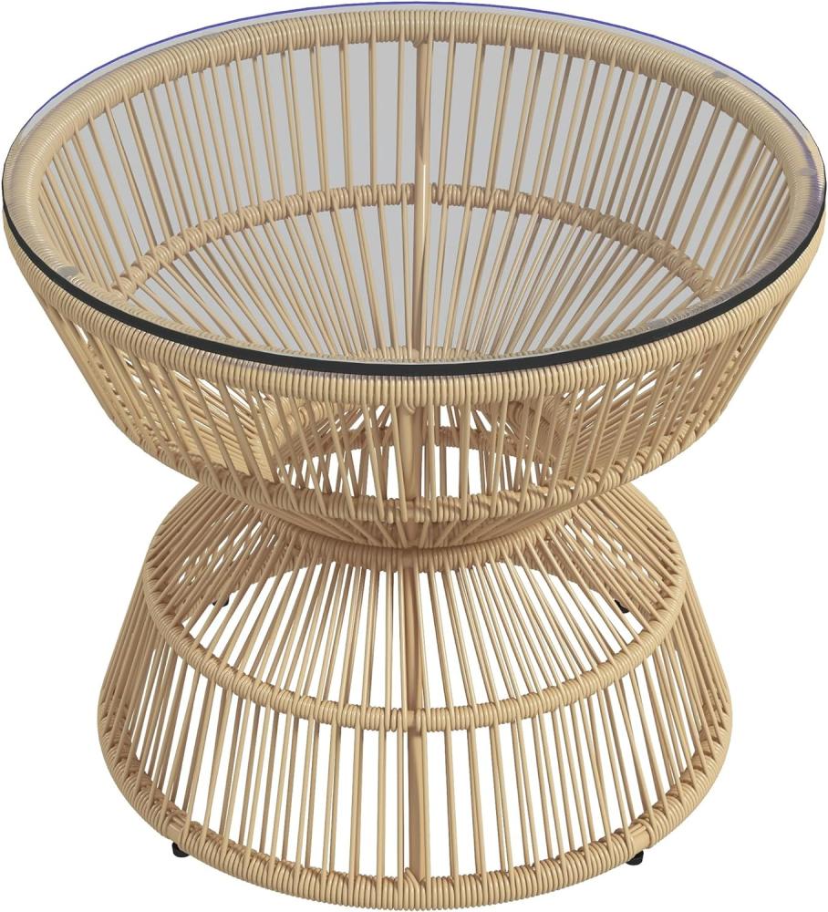 Outsunny Beistelltisch Rattan, Ø60 cm Couchtisch Gartentisch mit Tischplatte aus Hartglas, Balkontisch im Boho-Design, Kaffeetisch für Garten, Balkon, Naturholz Bild 1