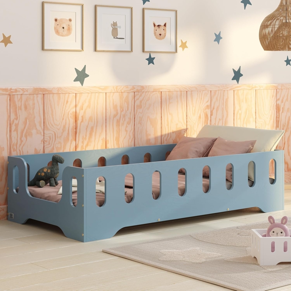 smartwood Kinderbett Bodenbett 140x200 mit Rausfallschutz & Lattenrost - Blau - Kinder Montessori Bett TILA 2B mit glatten Kanten - Betten für schnelle Montage - Bis 300 kg belastbar Bild 1