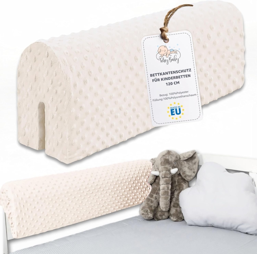 Bettkantenschutz für Kinderbetten 120 cm - Schutz für Bettrahmen Baby Bett rausfallschutz für boxspringbett bettgitter mit Bezug Kantenschutz Kinder Babybett Hellbeige Bild 1