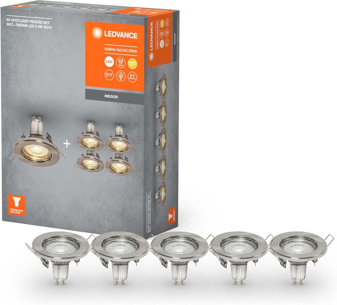 Ledvance Spot Einbauleuchten im 5er-Pack, inkl. 5x GU10-OSRAM Leuchtmittel (5x2.6W), gebürstetes Nickel, metallisches Gehäuse, IP20-Schutz Bild 1