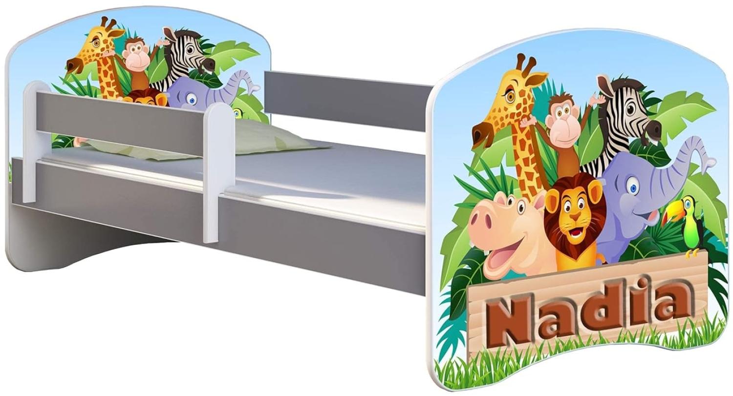 ACMA Kinderbett Jugendbett mit Einer Schublade und Matratze Grau mit Rausfallschutz Lattenrost II (02 Animals name, 140x70) Bild 1