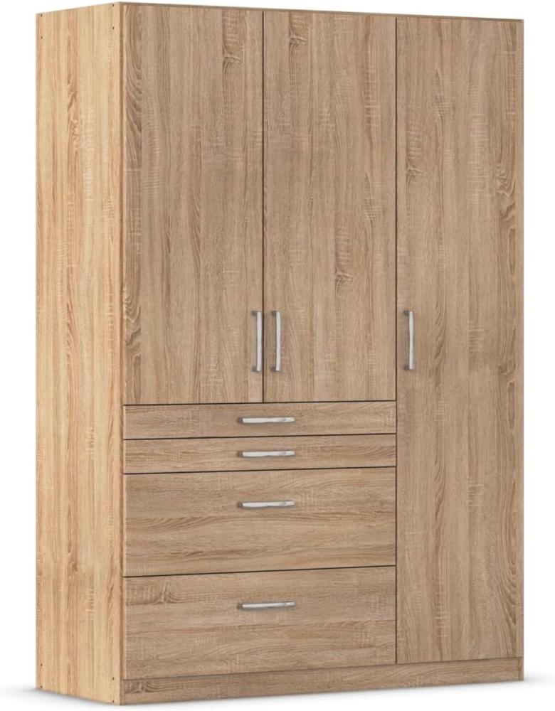 Rauch Möbel Homburg, Drehtürenschrank, Kleiderschrank, Garderobe, Schrank, Kleiderschrank weiß, Drehtürenschrank 3-türig, 4 Schubkästen, Farbe Eiche Sonoma, 136x197x54cm Bild 1