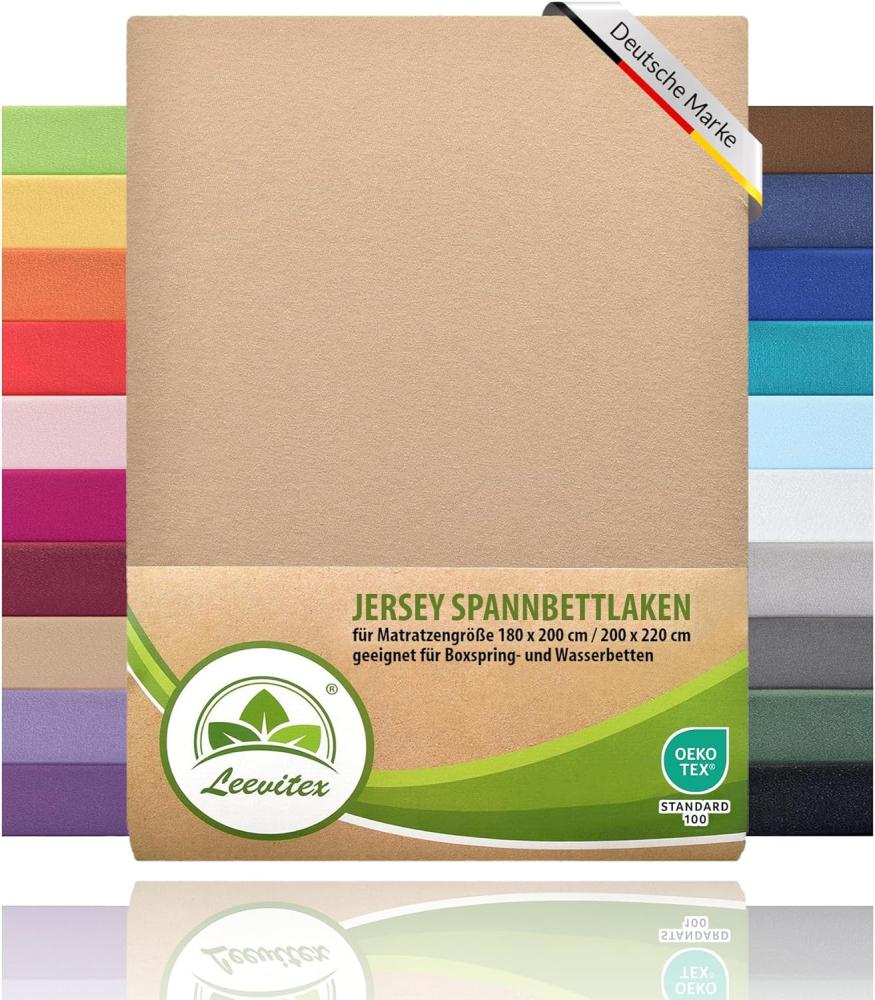 leevitex® Jersey Spannbettlaken, Spannbetttuch 100% Baumwolle ca. 150 g/m² MARKENQUALITÄT ÖKOTEX Standard 100 (Sand/Beige, Premium 200x220 Wasserbetten, Boxspringbetten) Bild 1