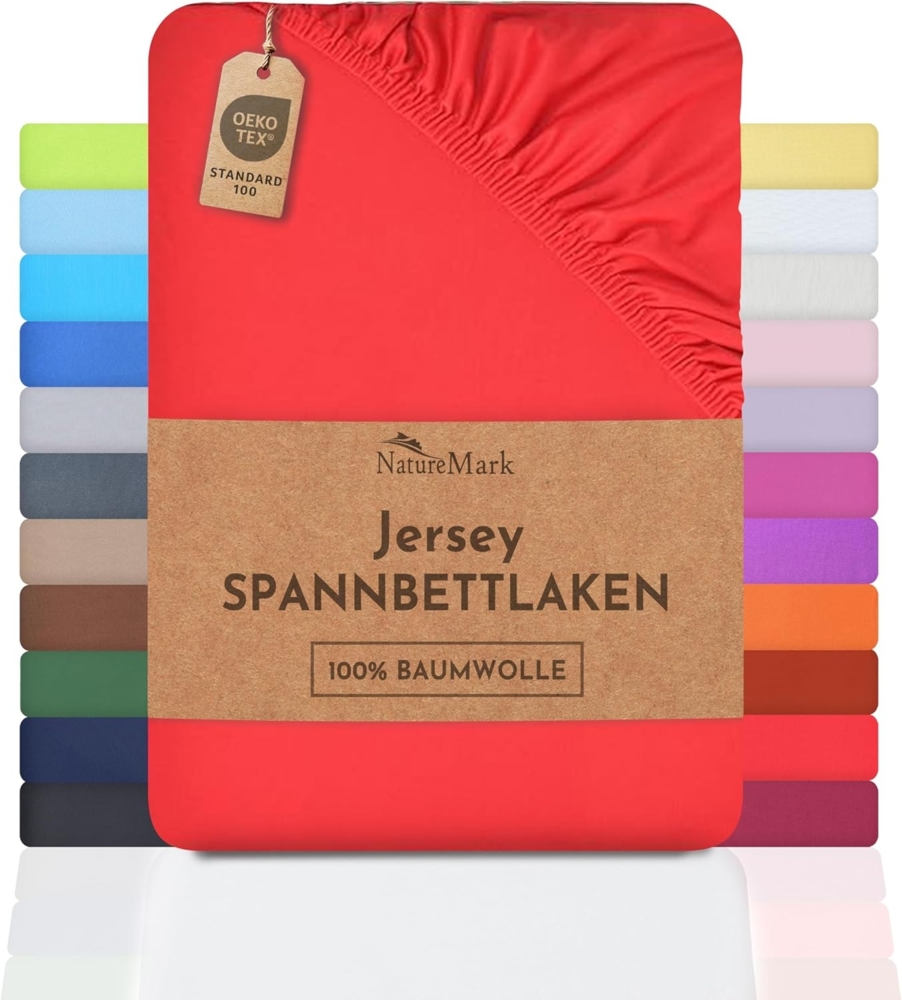 NatureMark Jersey Spannbettlaken, Spannbetttuch 100% Baumwolle in vielen Größen und Farben MARKENQUALITÄT ÖKOTEX Standard 100 | 200x220 cm +40 Steg - rot Bild 1