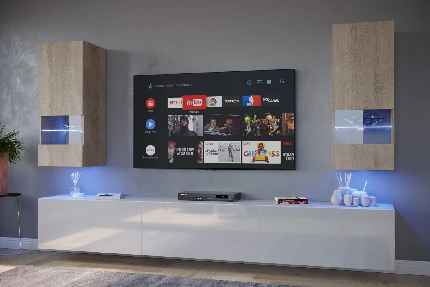 FURNITECH SEZANA AN21 Möbel Schrankwand Wandschrank Wohnwand Mediawand mit Led Beleuchtung Wohnzimmer (LED blau, AN21-18SW-HGM9 1B) Bild 1