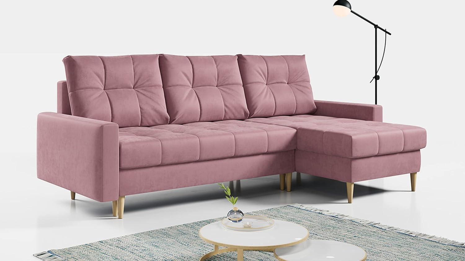 Ecksofa Wohnzimmer - L-form mit Schlaffunktion und Bettkasten - ASTRA - Rosa Mikrofaser Bild 1