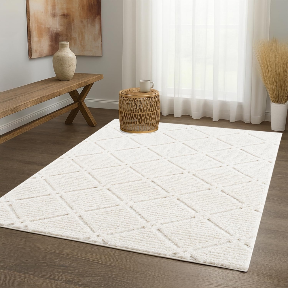 Teppich Wohnzimmer - Hochflor - Boho - Cream - 160x230cm - Einfarbig - Modern Raute Meliert Muster - Skandinavisch Flauschig Weich - Wohnteppich Schlafzimmer Dekoration Bild 1