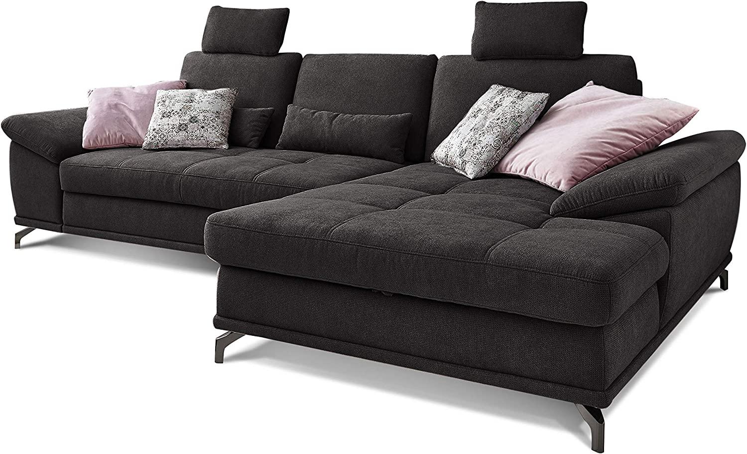 Cavadore Schlafsofa Castiel mit Federkern / Großes Bettsofa in L-Form mit Bettkasten, Sitztiefenverstellung, Kopfstützen und XL-Longchair / 312 x 114 x 173 / Webstoff, Schwarz Bild 1