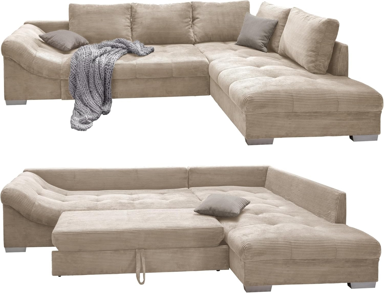 luma-home Ecksofa 17203, mit Bettfunktion 298x202 cm, Wellenunterfederung, Ottomane rechts, Bezug Cord Beige Bild 1