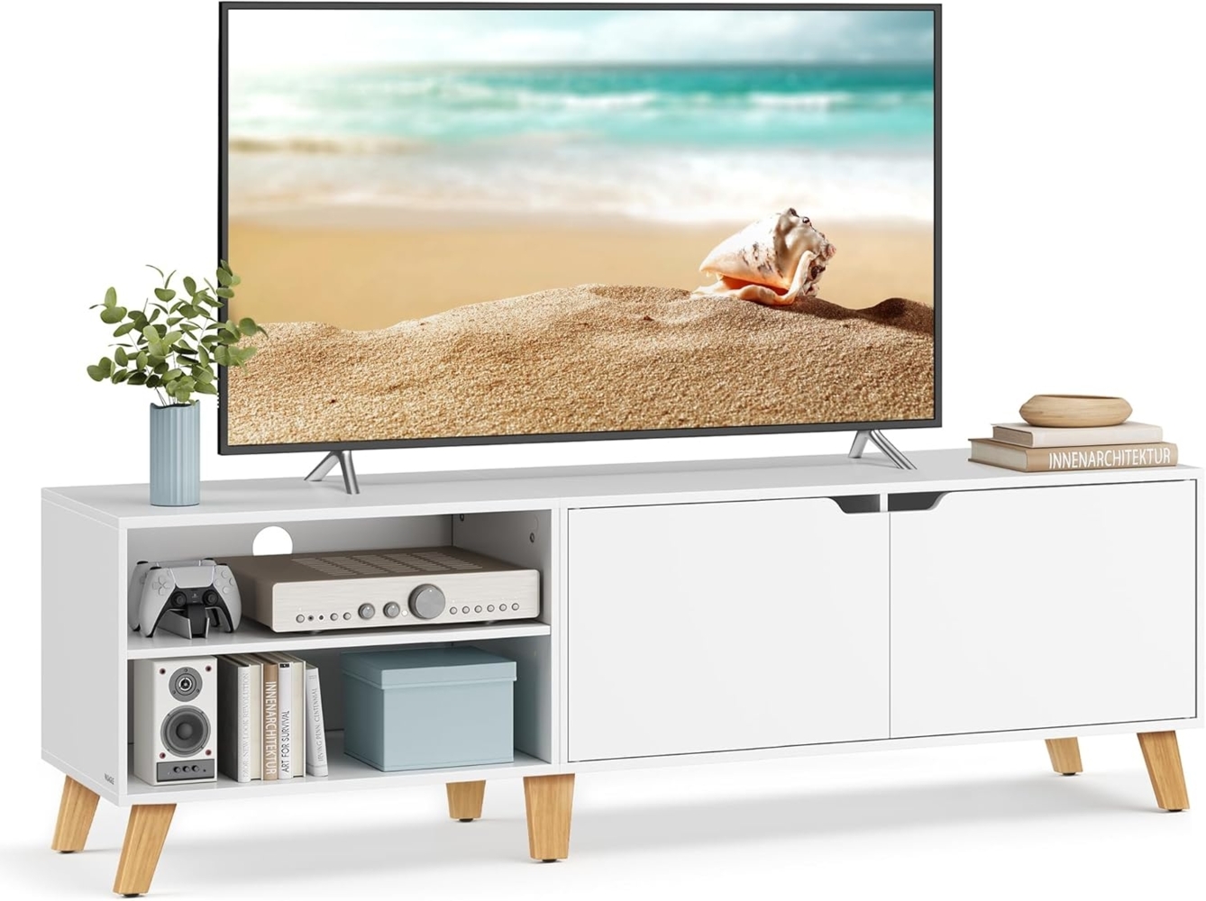 VASAGLE TV-Schrank, Fernsehtisch mit 2 Türen, 160 cm lang, TV-Regal für Fernseher bis zu 65 Zoll, verstellbare Ablagen, für Wohnzimmer, Esszimmer, Schlafzimmer, schneeweiß LTV030W01 Bild 1