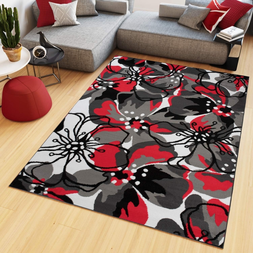 TAPISO Maya Teppich Wohnzimmer Kurzflor Modern Floral Blumen Design Schwarz Grau Rot Weiß Schlafzimmer Kinderzimmer ÖKOTEX 140 x 200 cm Bild 1