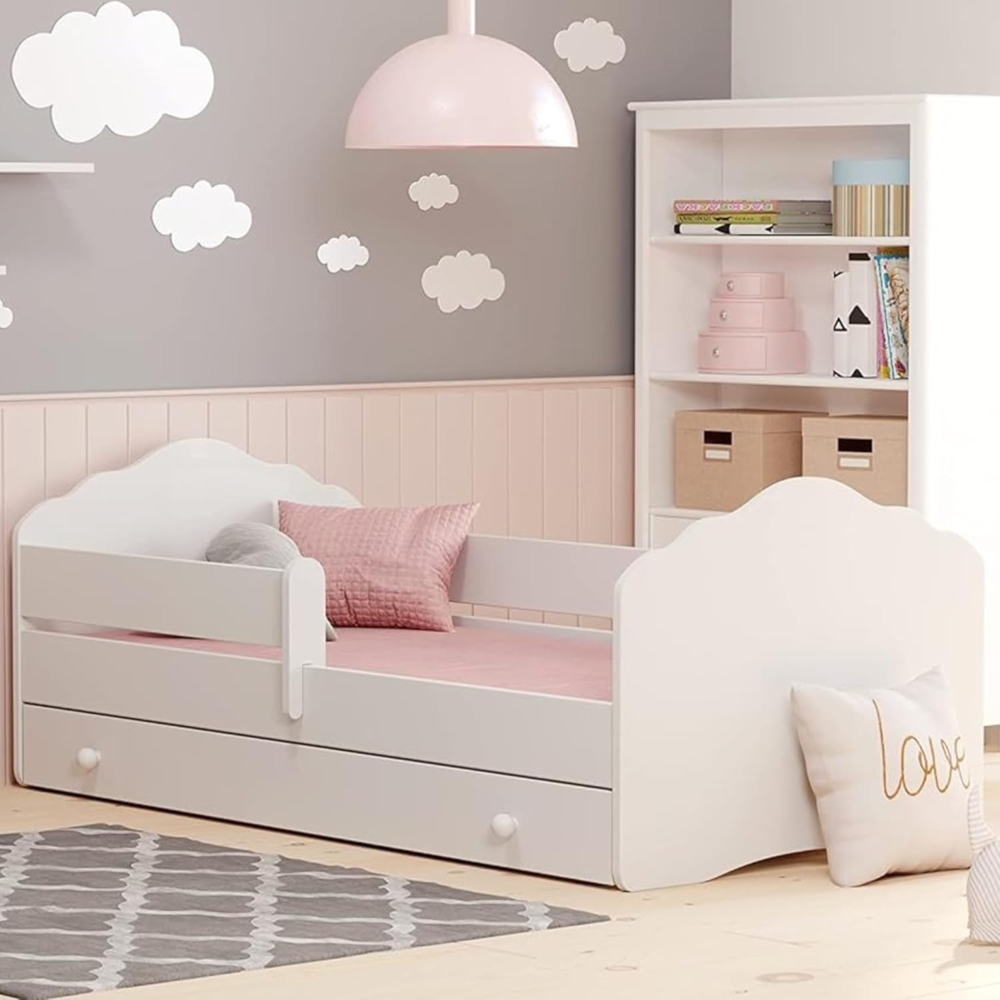 Kids Collective Kinderbett für Mädchen mit Matratze und Schublade & Lattenrost (70x140, 80x160 cm Jugendbett Einzelbett Komplettbett in weiß), Bett für Kinder Bett komplett Set Rausfallschutz Kinderbett 80x160 cm Bild 1