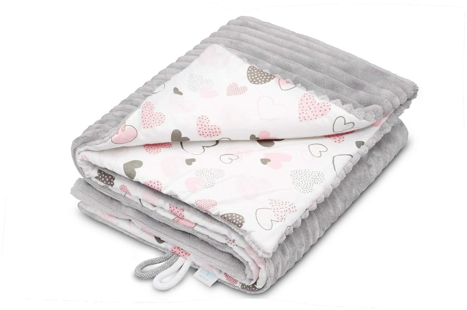 EliMeli Babydecke Kuscheldecke junge Krabbeldecke 75x100 | Ultraweicher Gestreifter Microfaser-Plüsch Stoff aus Baumwolle | Füllung | hoch Qualität | ideal als Kinderwagendecke (Light Grey - Hearts) Bild 1