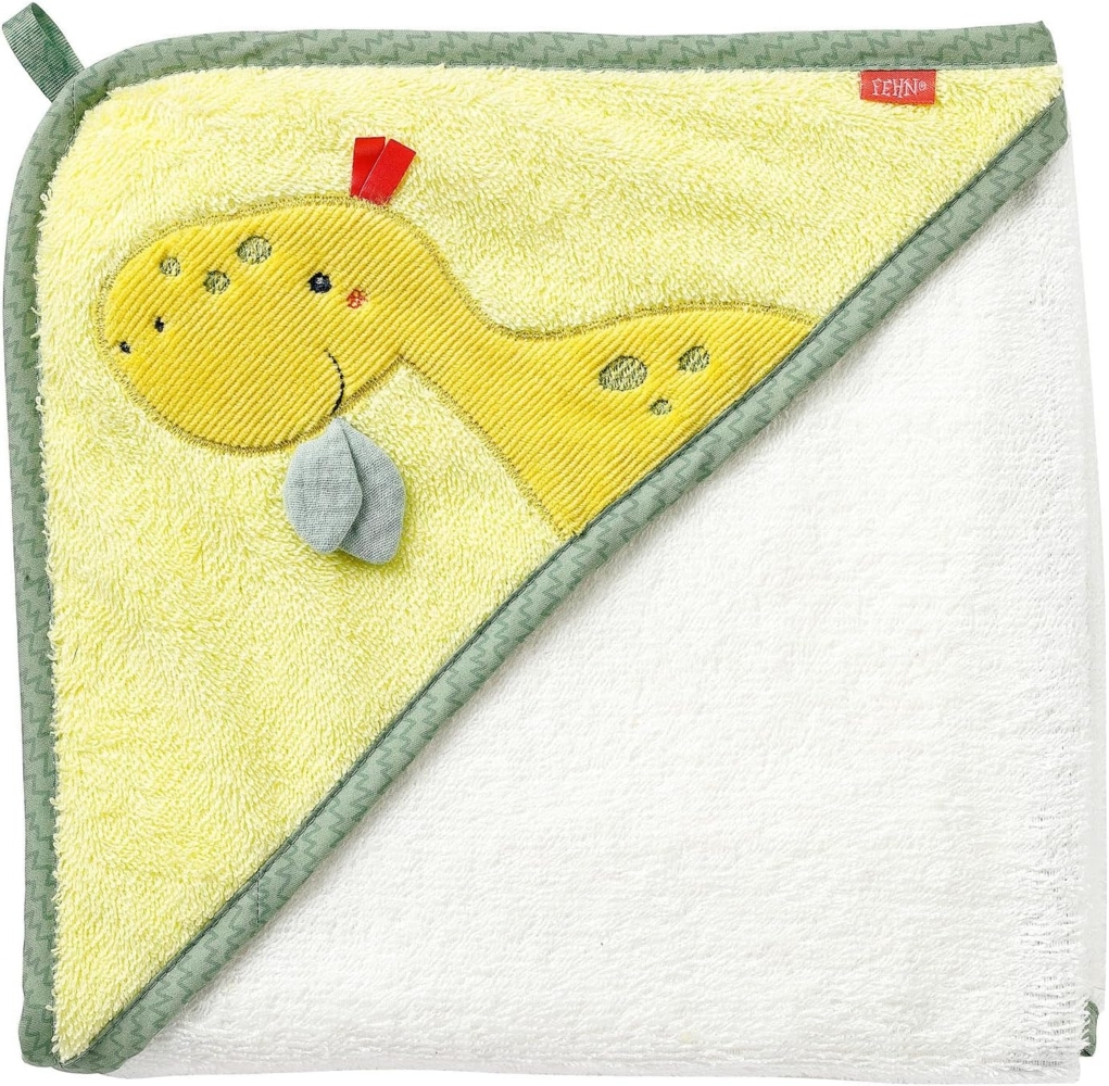 Fehn Badetuch Baby Dino - Badehandtuch Kinder Poncho aus Frottee - Handtuch mit süßem Dinosaurier - Babybadetuch mit Kapuze für Babys und Kleinkinder ab 0+ Monaten – Kapuzenhandtuch Maße 80 x 80 cm Bild 1