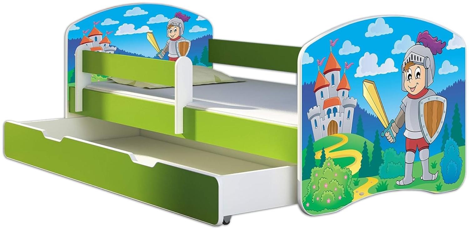 ACMA Kinderbett Jugendbett mit Einer Schublade und Matratze Grün mit Rausfallschutz Lattenrost II 140x70 160x80 180x80 (32 Ritter, 180x80 + Bettkasten) Bild 1