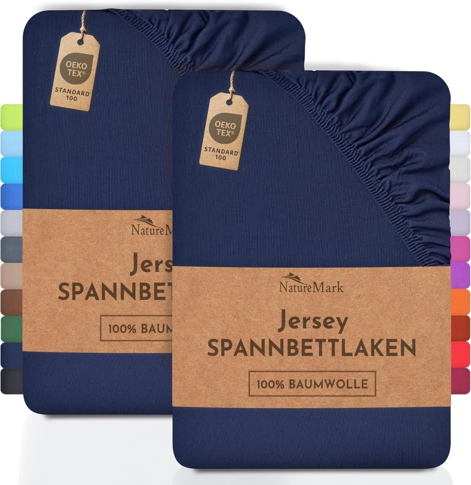 NatureMark 2er Pack Kinder JERSEY Spannbettlaken, Spannbetttuch 100% Baumwolle in vielen Größen und Farben MARKENQUALITÄT ÖKOTEX STANDARD 100 | 70x140 cm - navy blau Bild 1