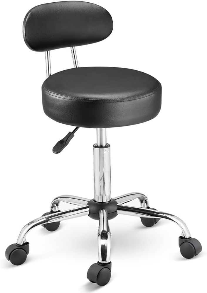 BAKAJI Hocker mit Rollen und Rückenlehne, Drehstuhl mit Rückenstütze, Sitzpolster 10 cm, Kunstleder und Stahlgestell, höhenverstellbar, für Kosmetikerin, Büro, Arbeit (schwarz) Bild 1