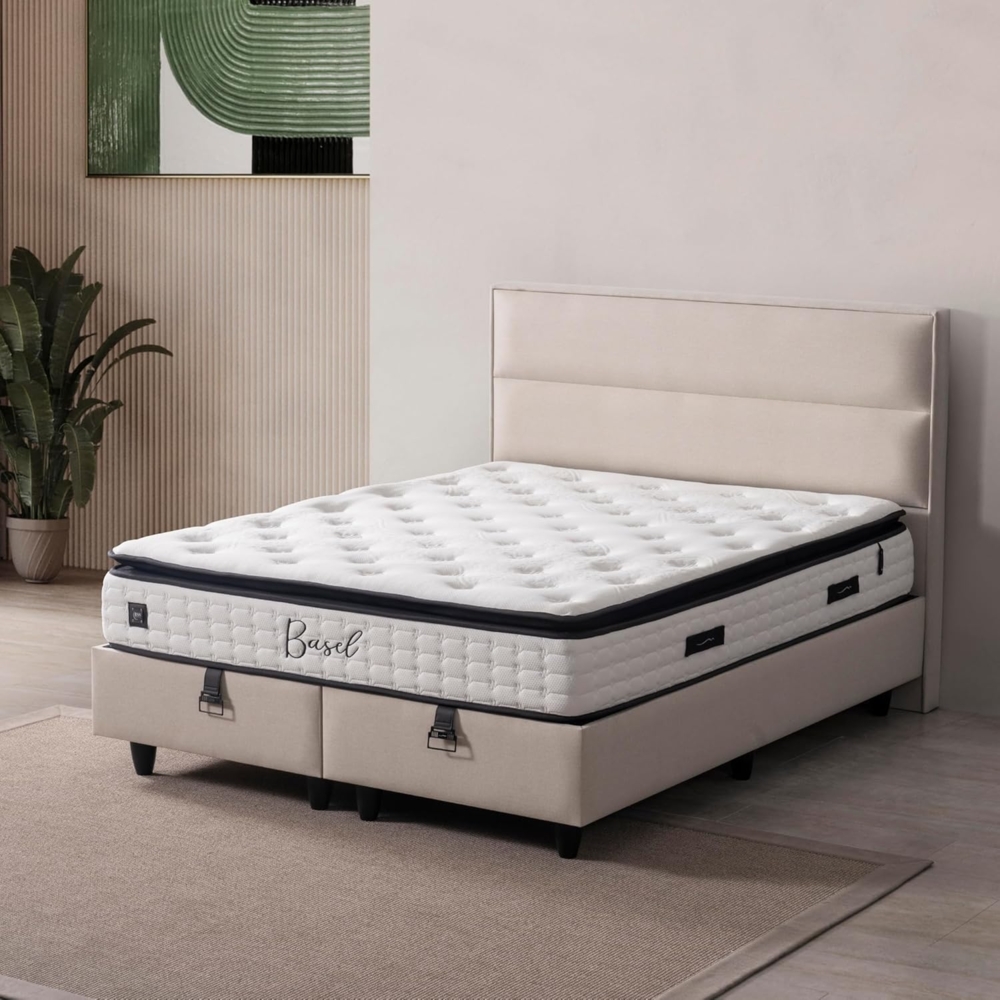 Pointhome Boxspringbett Bss Bedding Set, Matratze mit Topper, Höhe 30cm, H3 (Mittelfest) (1 x H3 Matratze, 2 x Bettkasten, 1 x Bettkopfteil), Baumwolle, Polyester, Hyper & Extra Komfort Schaum Bild 1