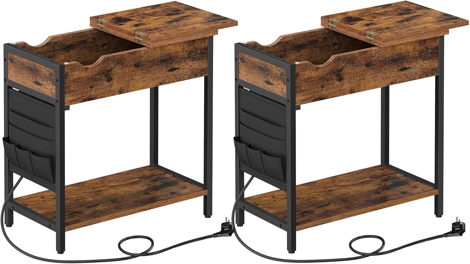 VASAGLE Beistelltisch (2-St) mit Steckdosen und USB-Anschlüsse, Holz / Stahl Vintagebraun-Schwarz, 60 x 31,5 x 60 cm Bild 1