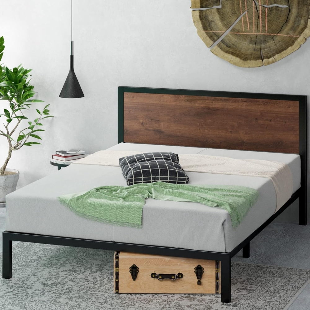 Zinus Mory Bett 160x200 cm – Höhe Bettgestell 30 cm – Bettgestell aus Metall und Holz mit Kopfteil – Braun Bild 1