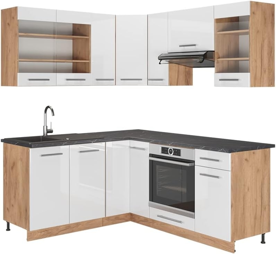 Eckküche Fame-Line Weiß Hochglanz/Goldkraft Eiche 190 x 46 cm ohne Arbeitsplatte Vicco Bild 1