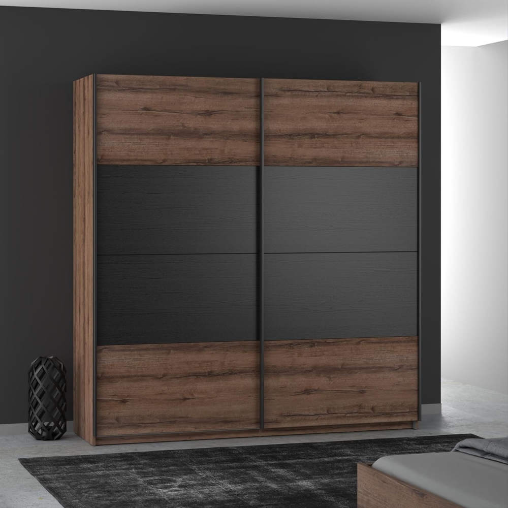 FORTE Dreamer Kleiderschrank 200,Schrank mit Schwebetüren, 2-türig, Holzwerkstoff, Schlammeiche/Schwarzeiche Dekor, 200,1 cm breit, 209,7 cm hoch, 51,2 cm tief Bild 1