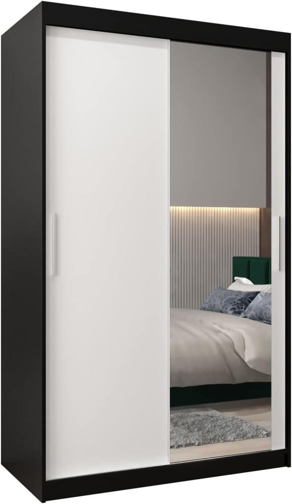 Kryspol Schwebetürenschrank Tokyo 2-120 cm mit Spiegel Kleiderschrank mit Kleiderstange und Einlegeboden Schlafzimmer- Wohnzimmerschrank Schiebetüren Modern Design (Schwarz + Weiß) Bild 1