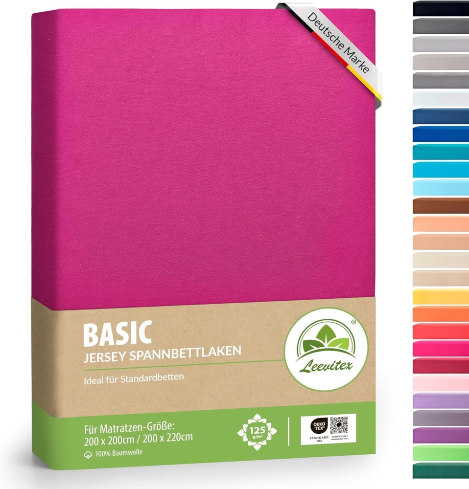 leevitex® Jersey Spannbettlaken, Spannbetttuch 100% Baumwolle ca. 150 g/m² MARKENQUALITÄT ÖKOTEX Standard 100 (Pink, Premium 200x220 Wasserbetten, Boxspringbetten) Bild 1