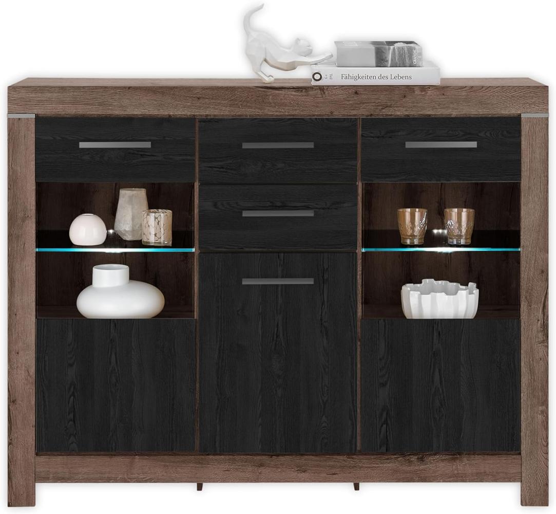 LED Highboard BALIN Kommode Sideboard Eiche Canyon / Schwarz ca. 160 x 125 x 45 cm Bild 1