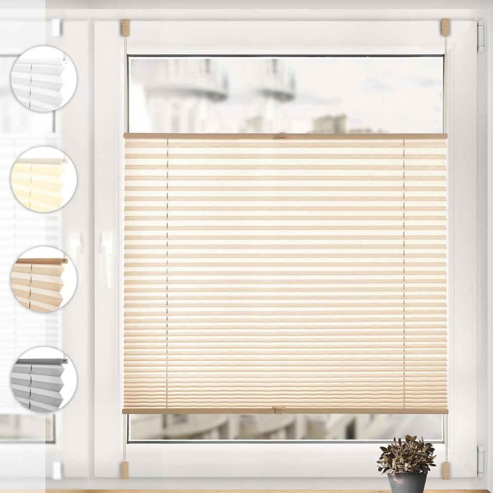 Sonello Plissee Klemmfix ohne Bohren 60cm x 200cm Beige Faltrollo Plisseerollo Jalousie für Tür & Fenster Blickdicht Sichtschutz Sonnenschutz Fertifplissee Rollo Bild 1