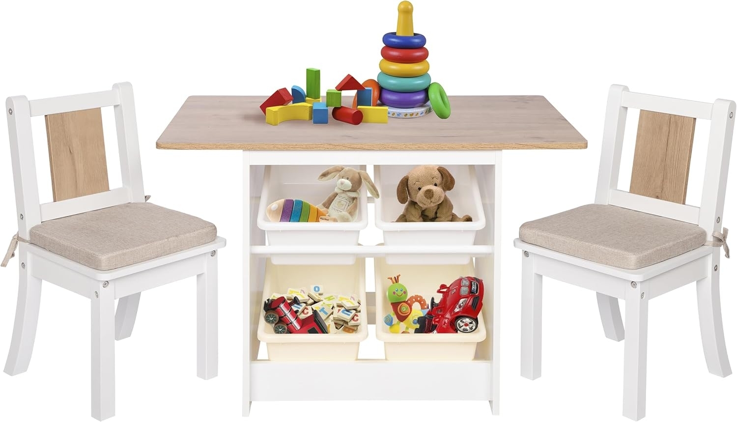 ONVAYA® Kindertisch-Set mit Stühlen | Weiß-Holz | Kindersitzgruppe mit Stauraum | Kindermöbel-Set mit Tisch und 2 Stühlen | Kindertischgruppe aus Holz | Sitzgruppe fürs Kinderzimmer Bild 1