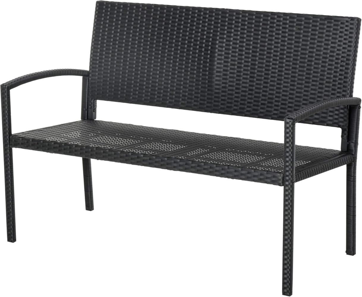 Outsunny Gartenbank für 2 Personen, bis 240 kg Belastbar, Schwarz, 122 x 60 x 85 cm (Gartenmöbel, 1-St, Sitzbank), Sitzbank in Rattanoptik, Mit Stahlrahmen Bild 1