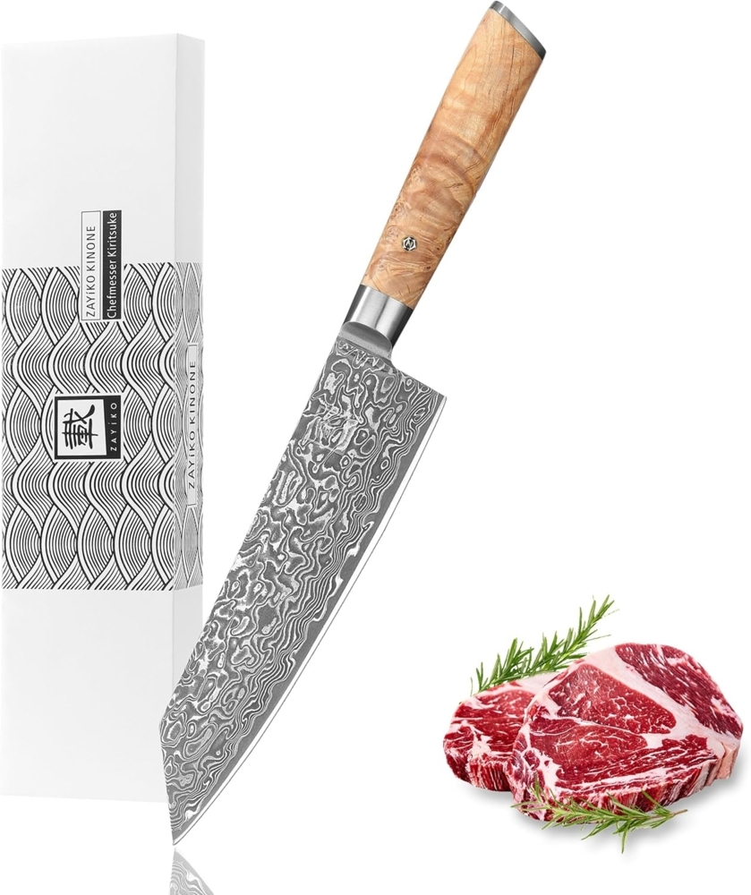 ZAYIKO Damastmesser KINONE Chefmesser Kiritsuke - 19,5cm Klinge - Wurzelholzgriff Birke - VG-10 Stahlkern Bild 1