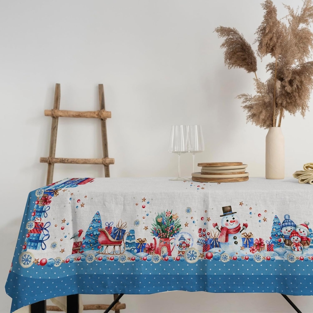 PENSIERI DELICATI, Rechteckige Tischdecke, 100% Panama-Baumwolle, 250x145 cm, Blau, Schneemann-Muster, Hochauflösender Digitaldruck, Für 12 Personen Bild 1