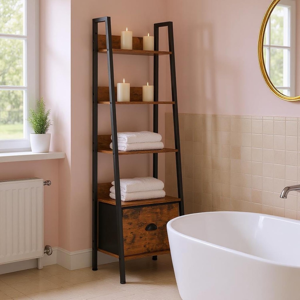 FurnitureR Badezimmerregal Leiterstil 42 x 29 x 141 cm, 5 Ebenen, Stoffschublade, 12 mm Holzplatten & 20 mm Metallrahmen, 7,5 cm Rückwand, Elegantes Badmöbel im Landhausstil Bild 1