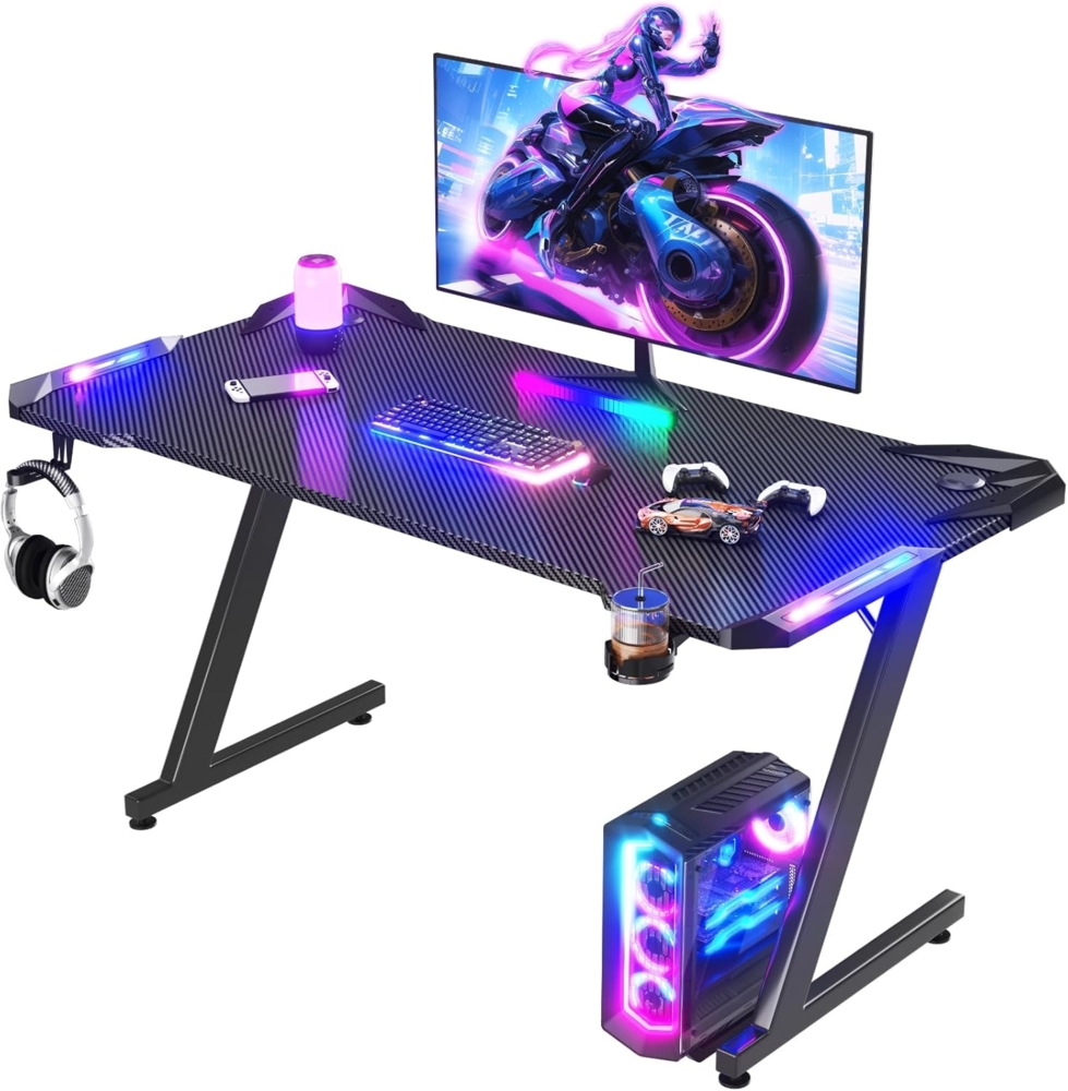 JUMMICO Gaming Tisch mit LED-Beleuchtung, RGB Gaming Tisch, Stabiler Computertisch für Homeoffice und Gamer,Gaming Schreibtisch mit Kopfhörerhalterung und Getränkehalter, 140 x 60 cm, Schwarz Bild 1
