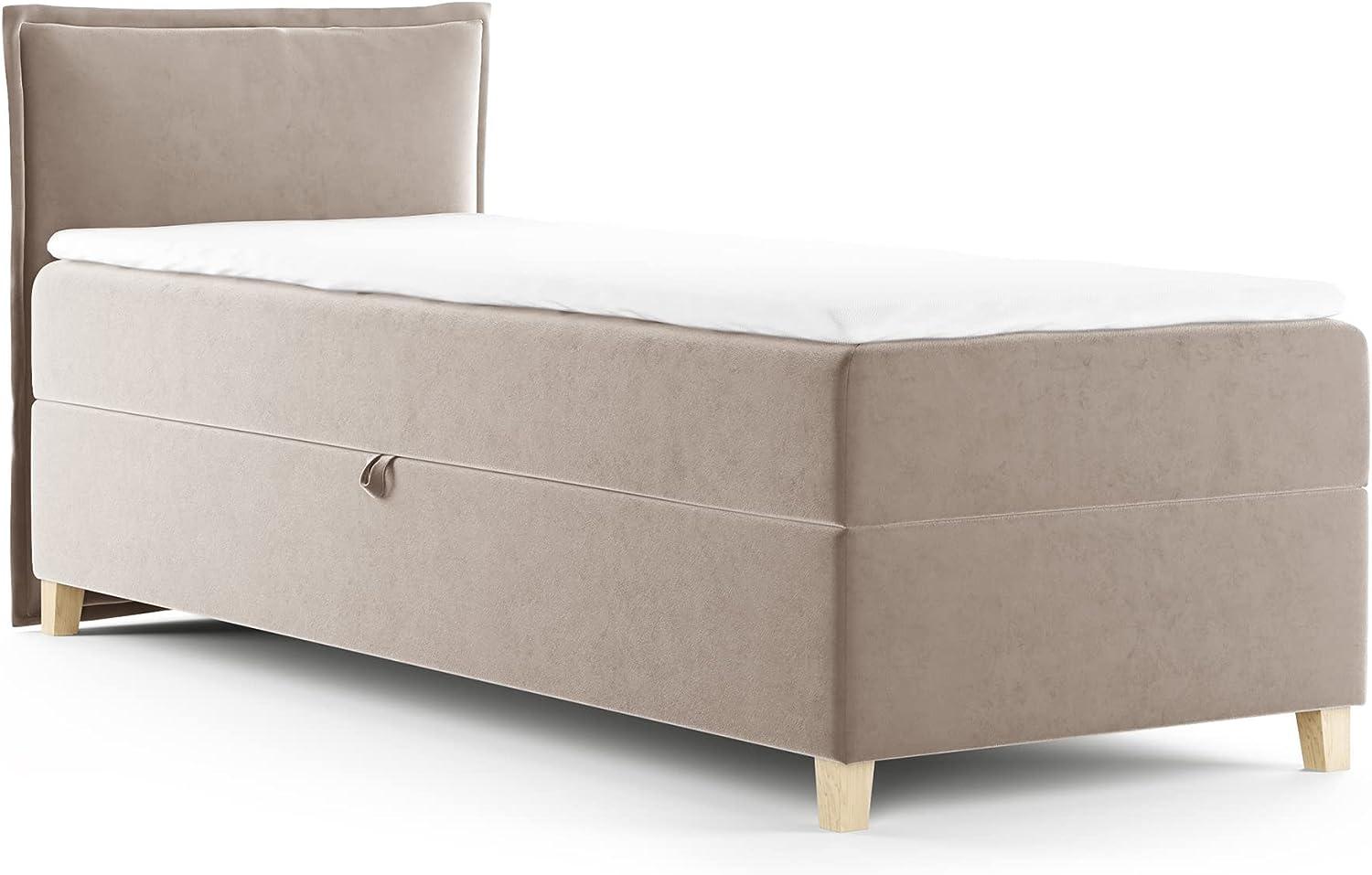 Boxspringbett Fren Mini mit Bettkasten - Einzelbett mit Bonell-Matratze und Topper, Polsterbett mit Holzfüße, Bett, Kinderzimmer (Beige (Paros 02), 80x200 cm) Bild 1