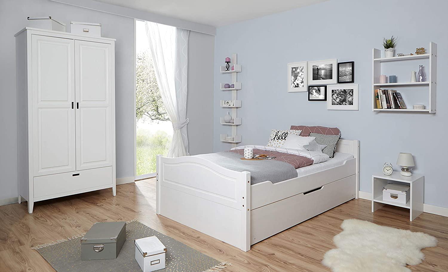 Ticaa Einzelbett 'Leni' 120x200 Kiefer massiv - mit Zusatzbett - weiß Bild 1