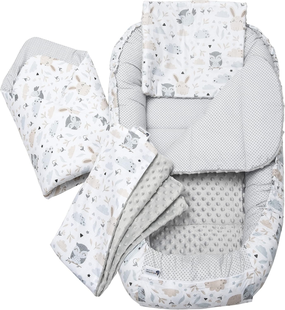 Medi Partners 5 teilig Babynestchen Set Babynest 100 x 60 x 15 herausnehmbarer Einsatz Bett Kuschelnest Krabbeldecke Babys Neugeborene 100% Baumwolle (Lichtung mit grauem Minky) Bild 1