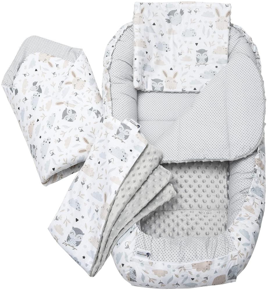 Medi Partners 5 teilig Babynestchen Set Babynest 100x60x15 herausnehmbarer Einsatz Bett Kuschelnest Krabbeldecke Babys Neugeborene 100% Baumwolle (Lichtung mit grauem Minky) Bild 1