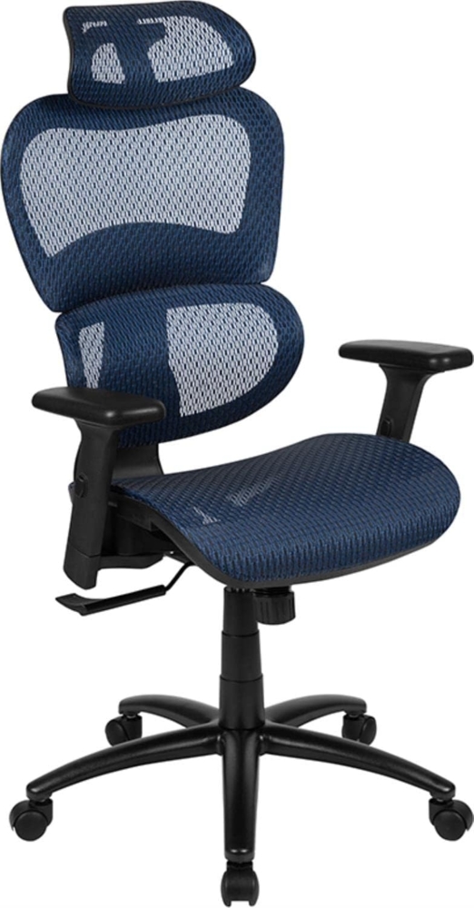 Flash Furniture Ergonomischer Bürostuhl mit 2 zu 1 Synchro-Tilt, verstellbare Kopfstütze, Lendenwirbelstütze und verstellbare Schwenkarme in Blau Bild 1