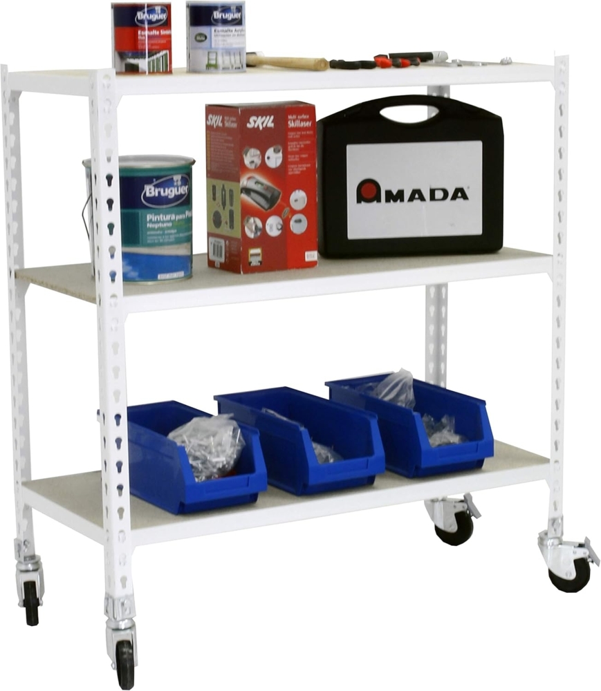 Simon Rack Schwerlastregal mit Rollen, 975 x 800 x 400 mm, Bis 75 kg Belastbar, 3 Verstellbare Ablagen, MDF-Platten, Kellerregal, Lagerregal, Weiss/Holz - Maderclick Bild 1