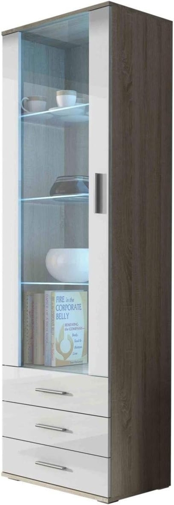 Vitrine mit Blauer LED Beleuchtung SOHO S1 Vitrinenschrank Standvitrine Stauraumvitrine Glasvitrine Schrank Wohnzimmerschran (Sonoma/Weiß Hochglanz) Bild 1