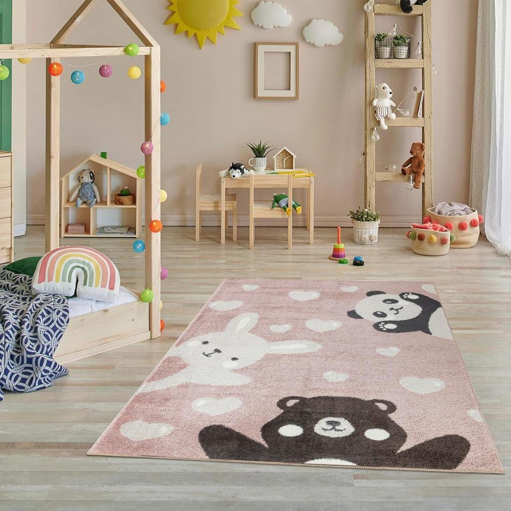 Jimri Teppich Kinderzimmer - Teppiche für Kinderzimmer, Kinderteppich, Kinderteppich Mädchen, Bär, Hase, Panda, Herz, (Hellrosa, Größe: 160x230 cm) Bild 1