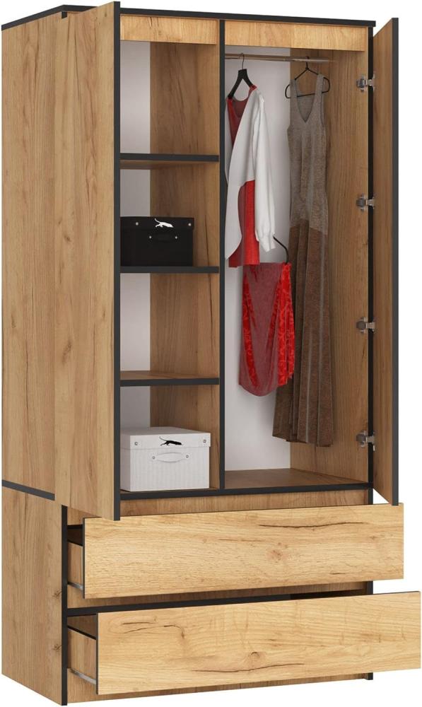 BDW Kleiderschrank 2 Türen, 4 Einlegeböden, Kleiderbügel, 2 Schubladen Kleiderschrank für das Schlafzimmer Wohnzimmer Diele 180 x 90 x 51 cm (Eiche Craft) Bild 1