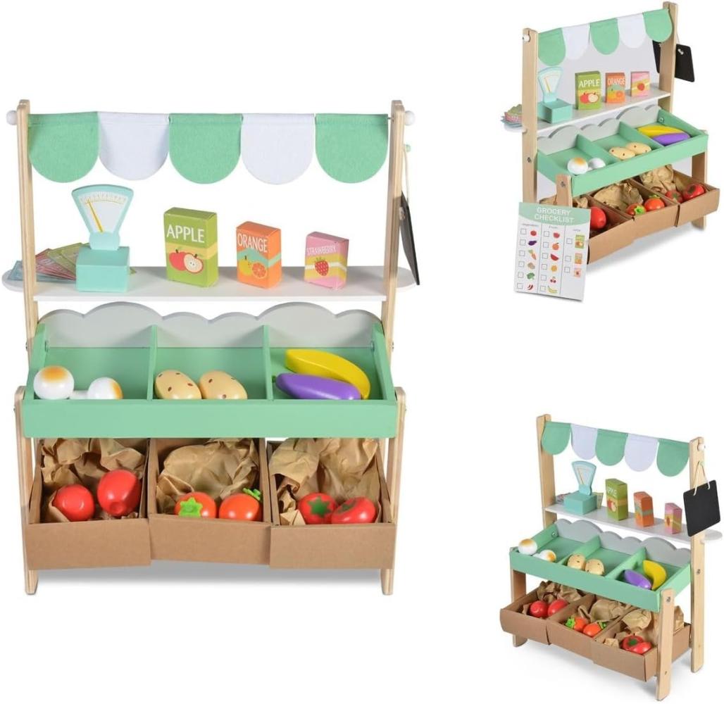 Moni Kinder Marktstand 4425 Holz 50cm hoch Supermarkt Lebensmittel Einkaufsliste grün Bild 1