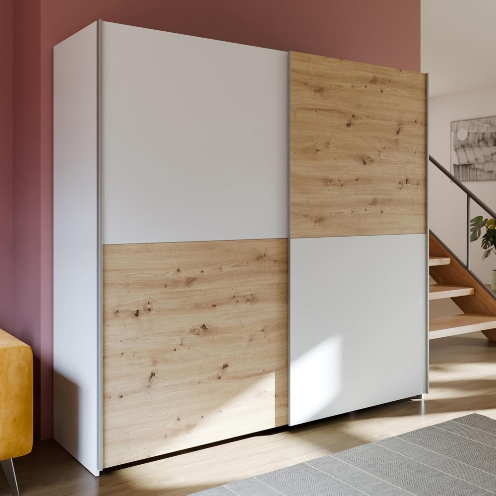 FORTE Schach & MATT Kleiderschrank 200, Moderner Schwebetürenschrank mit 2 Türen im Schachbrettmuster, Holzwerkstoff, Artisan Eiche Dekor mit Weiß, 200,1 cm breit, 190,5 cm hoch, 61,2 cm tief Bild 1