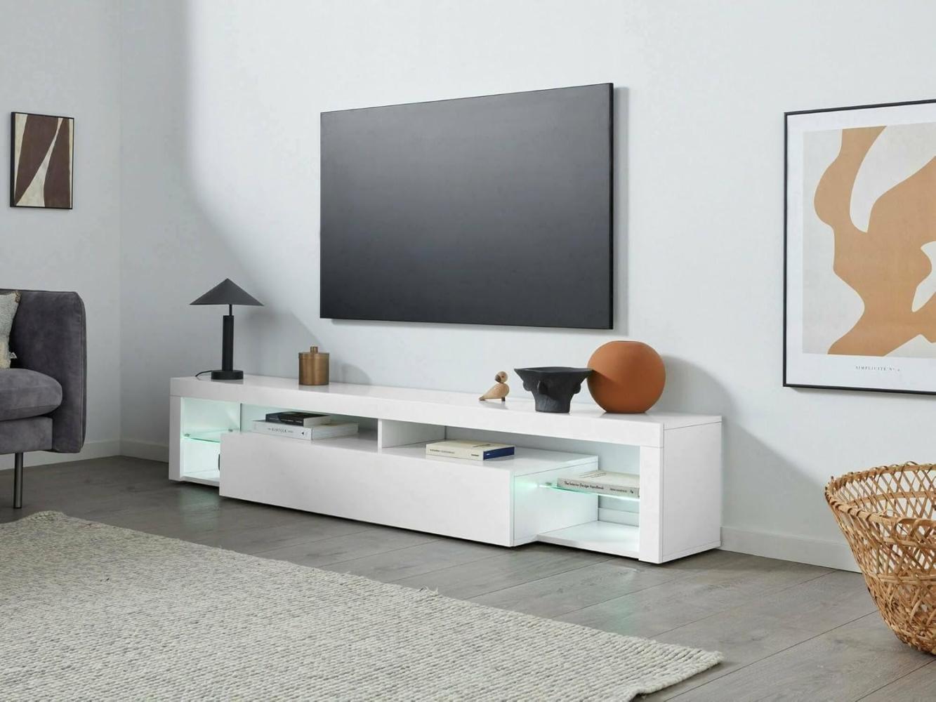 Dmora - TV-Ständer Uberto, niedriges Wohnzimmer-Kommode mit 1 Tür, TV-Ständer-Basis, 200x40x35 cm, glänzend weiß Bild 1